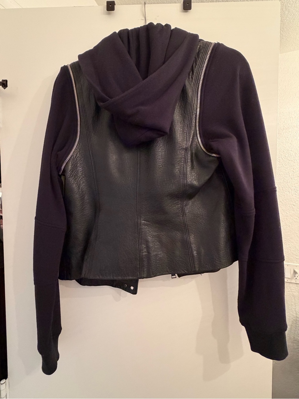 Vince Black Leather Moto Jacket with Hooded Knit Sleeves - Picture 4 of 9